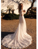 Long Sleeve Beaded V Neck Ivory Lace Tulle Wedding Dress